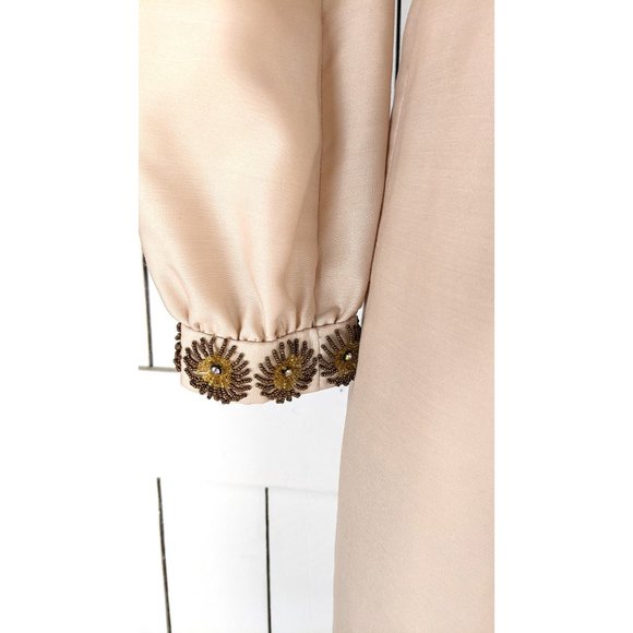 Vintage 1950s Ranees Clothiers gold beaded champagne long sleeve shift dress - Picture 8 of 10
